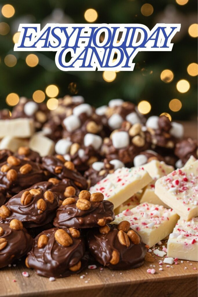 A festive platter showcasing a variety of homemade holiday candies, including chocolate peanut clusters, peppermint bark bites, and rocky road fudge.