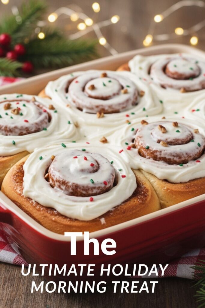 A recipe pin for holiday cinnamon rolls showing a pan of freshly baked and frosted rolls.