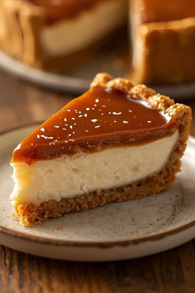 A close-up shot of a single slice of the Salted Caramel Pretzel Tart, showing the layers of pretzel crust, creamy filling, and thick caramel topping with sea salt flakes.