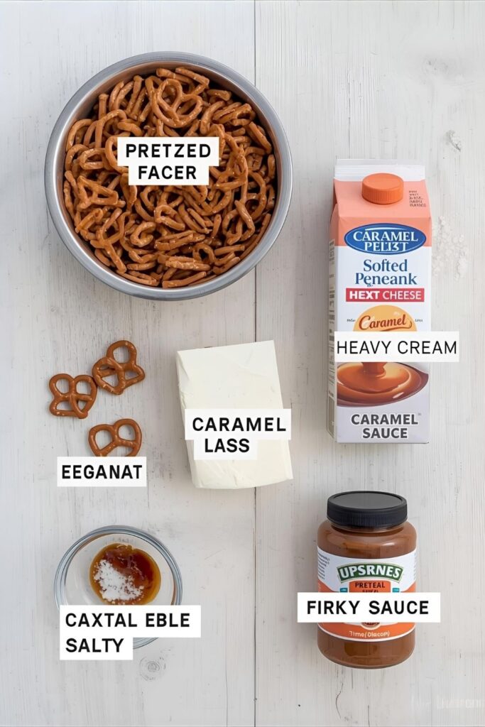 A flat lay of the main dessert ingredients: a bowl of crushed pretzels, a block of cream cheese, powdered sugar, heavy cream, and a jar of caramel sauce, arranged on a kitchen counter.