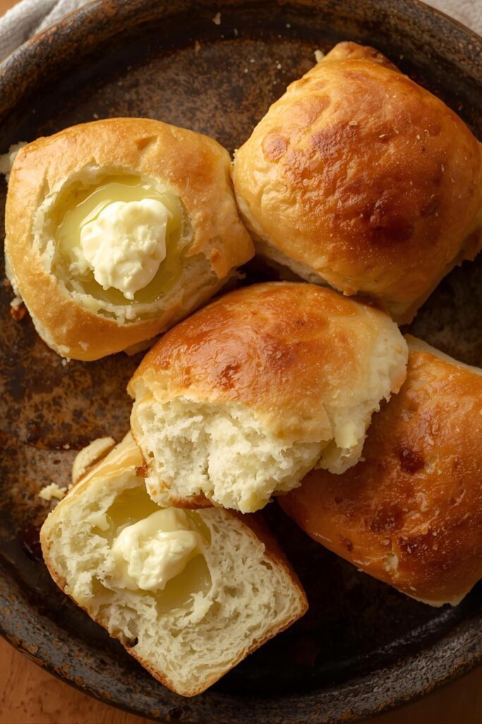 A close-up, top-down shot of a few baked holiday dinner rolls, pulled apart to show the soft, fluffy interior, on a rustic serving platter with a pat of melting butter.