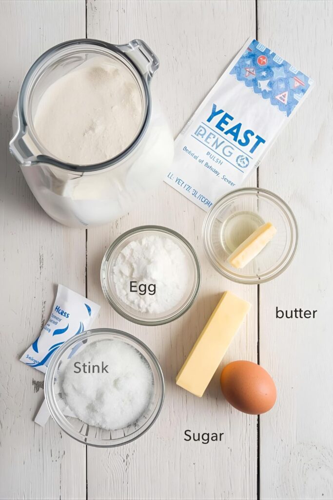 A vibrant flat lay of the main ingredients for holiday dinner rolls: flour, yeast, milk, sugar, butter, and an egg, arranged on a kitchen counter.