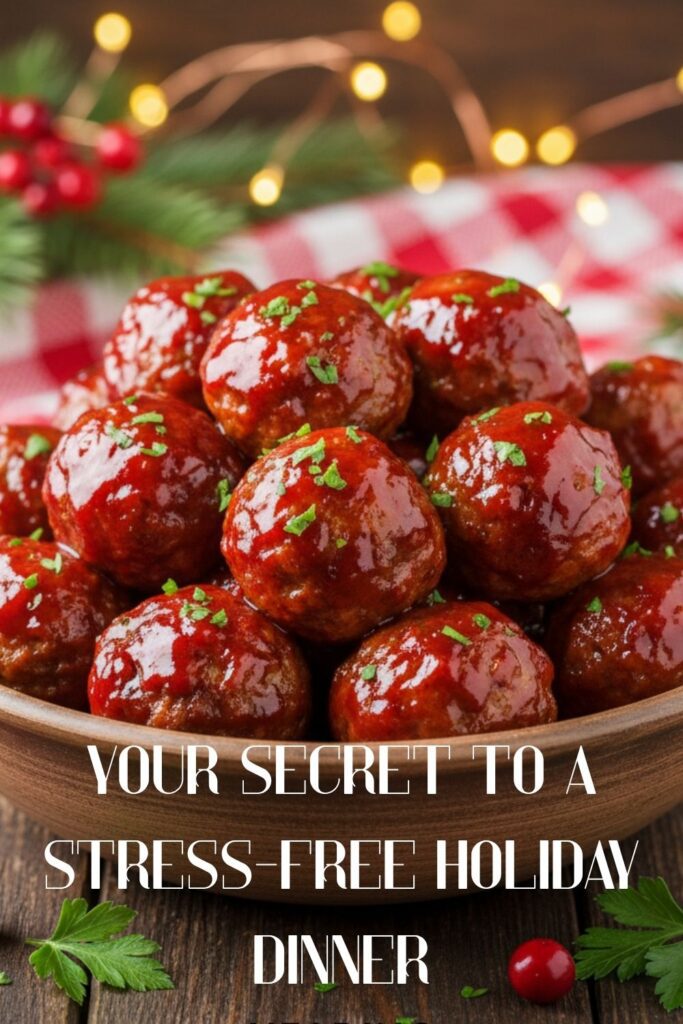 A recipe pin for holiday freezer-friendly dinners showing a bowl of cranberry-glazed meatballs.
