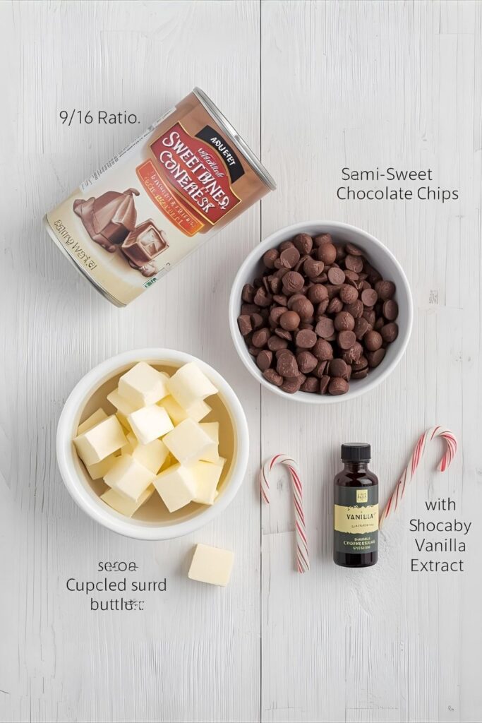 Key ingredients for holiday fudge laid out: sweetened condensed milk, chocolate chips, butter, and vanilla.