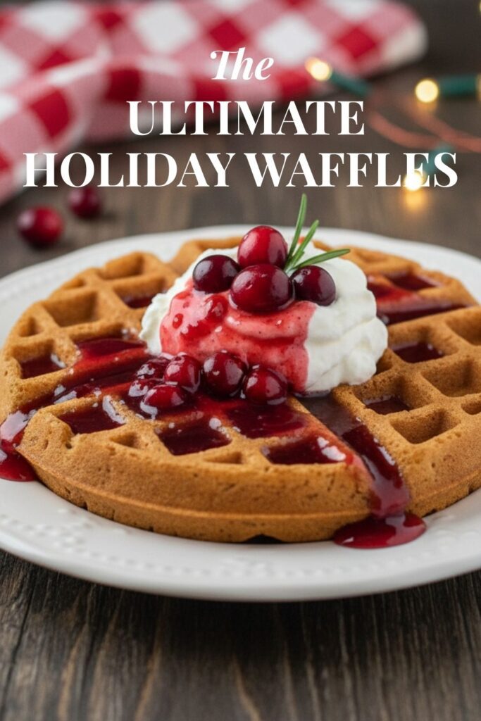A recipe pin for holiday waffles showing a festive gingerbread waffle with cranberry syrup.
