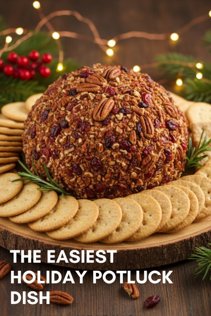 A recipe pin for holiday potluck recipes showing a festive cranberry pecan cheese ball on a platter.