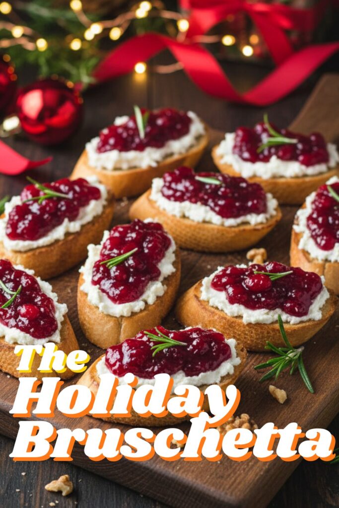 An overhead shot of a festive platter of holiday bruschetta with goat cheese, cranberry, and rosemary, with the text "Holiday Bruschetta" overlaid in a stylish, seasonal font.