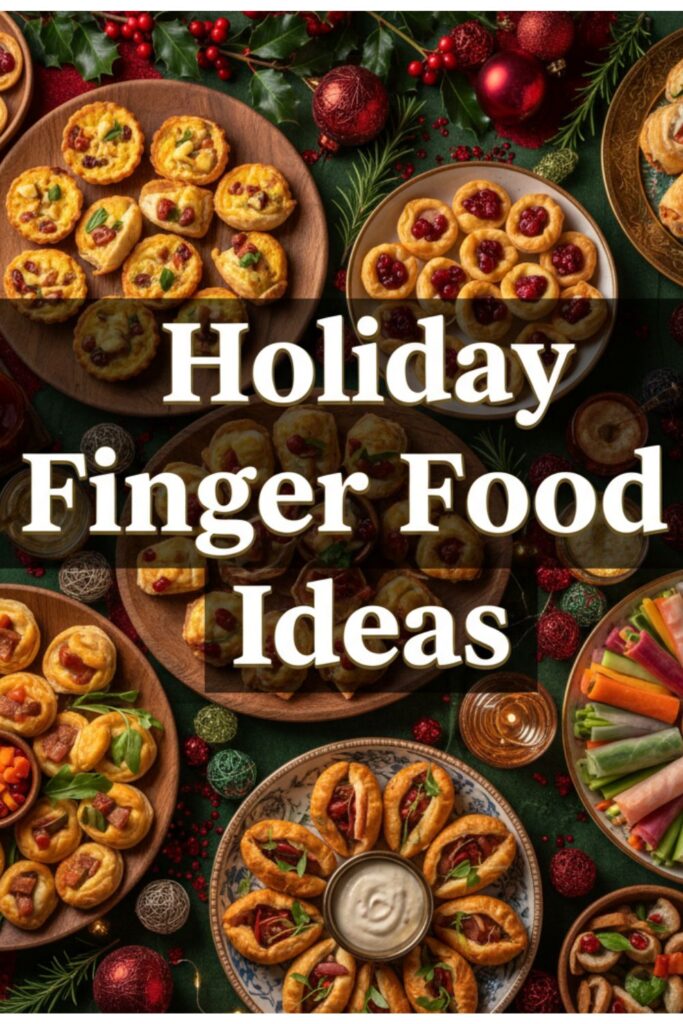 A vibrant, festive photo of a holiday party table filled with platters of food, with the text "Holiday Finger Food Ideas" overlaid in a stylish, bold font.