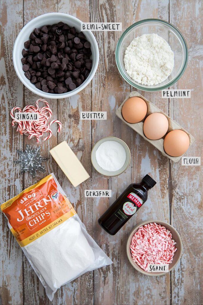 A flat-lay photo collage of the main ingredients for a chocolate peppermint lava cake recipe.)