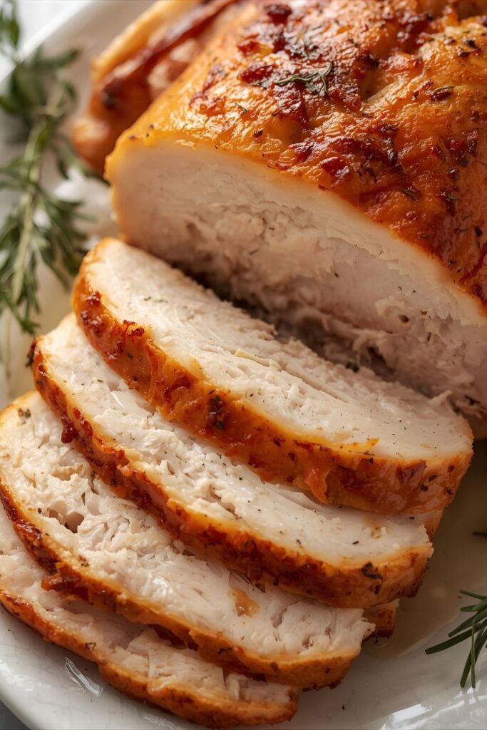 Close-up of a carved, juicy roasted turkey on a white platter.