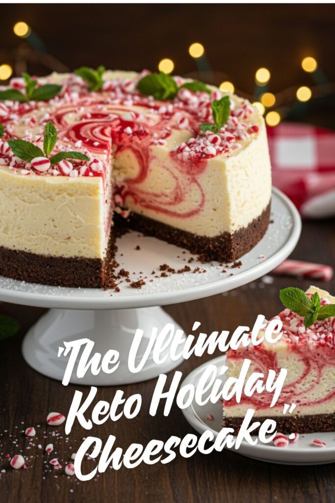 A recipe card for keto holiday cheesecake, showing a full peppermint cheesecake on a festive background.