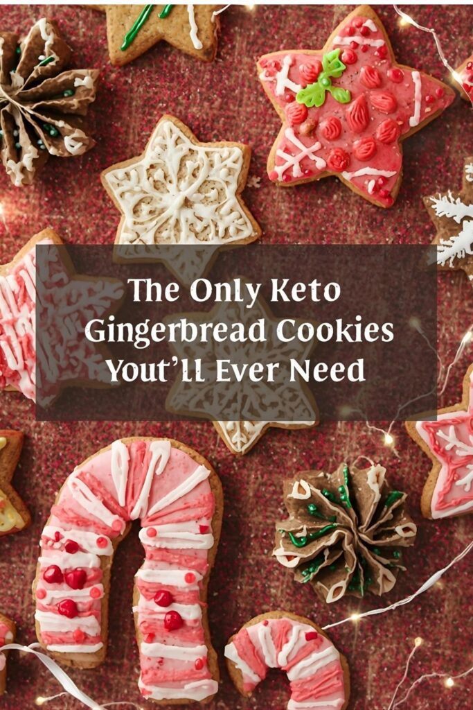 A recipe pin for keto gingerbread cookies showing several decorated cookies on a festive background.