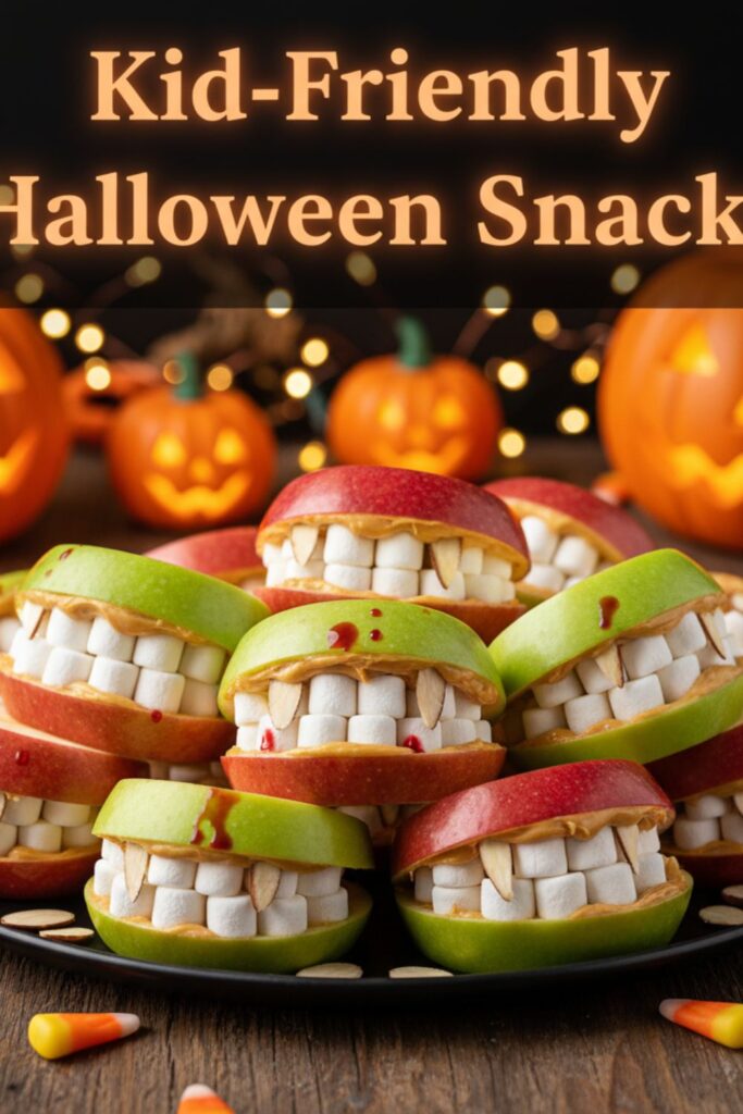 A photo of a platter of "Apple Monster Mouths" with a text overlay that says "Kid-Friendly Halloween Snacks".)