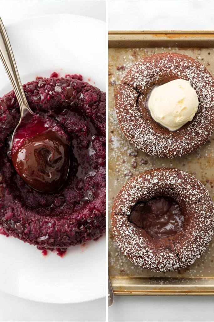 A two-part image showing a close-up of a molten chocolate lava cake and a platter with two separate cakes ready to be served.)