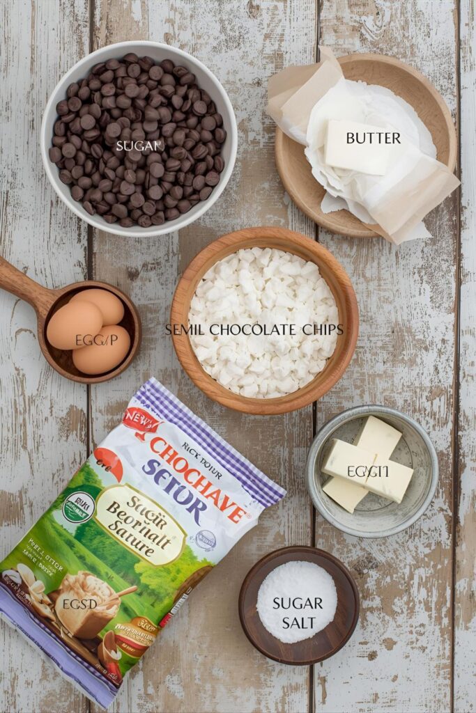 A flat-lay photo collage of the main ingredients for a molten chocolate lava cake recipe.)

