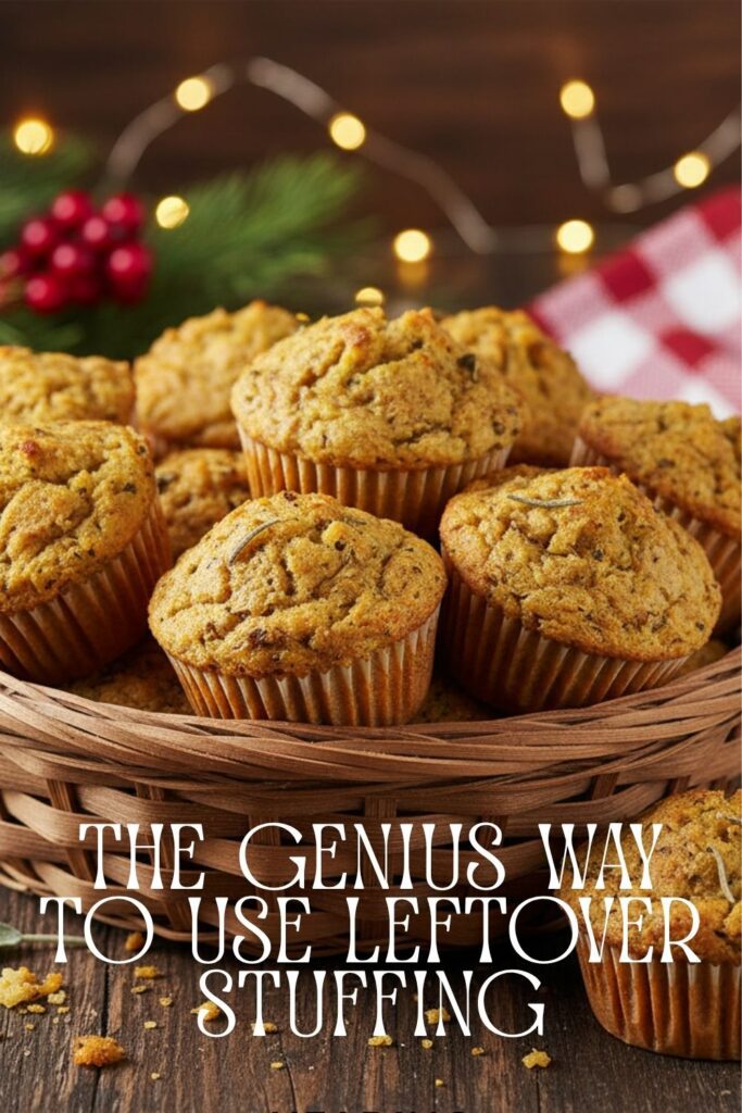A recipe pin for leftover stuffing muffins showing a basket full of the golden-baked treats.