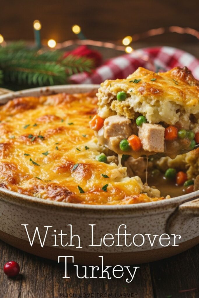 A recipe pin for a leftover turkey casserole, showing the finished dish with its golden potato topping.
