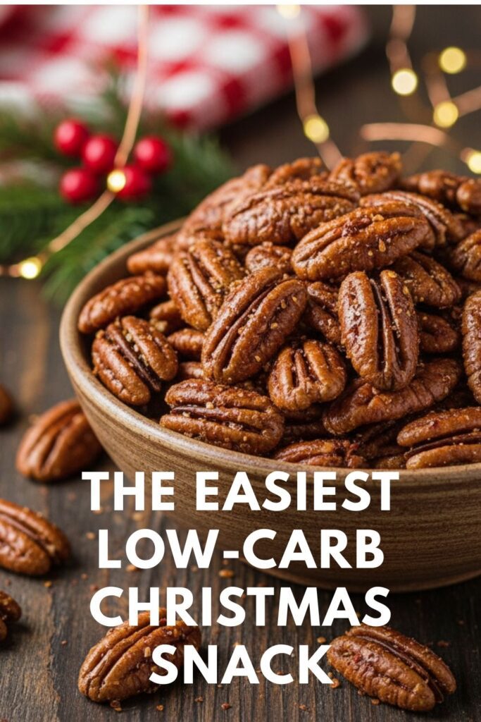 A recipe pin for low-carb Christmas snacks showing a bowl of spiced candied pecans.