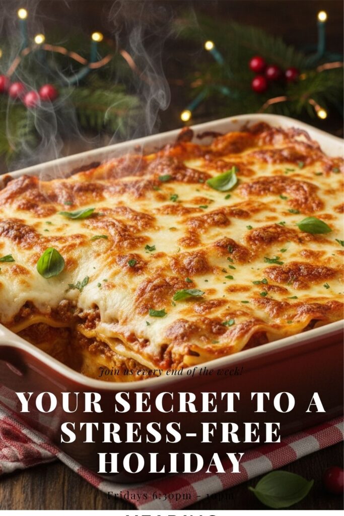 A recipe pin for make-ahead holiday meals showing a freshly baked lasagna Bolognese.