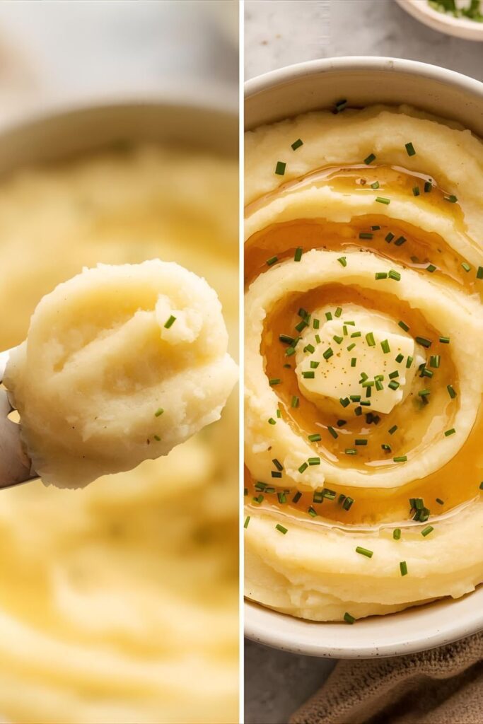 A side-by-side image showing a close-up of creamy mashed potatoes on a fork and a wider shot of a serving bowl of the finished dish.