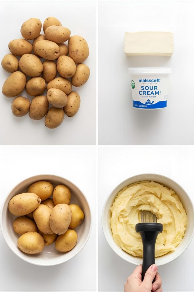 A collage of the ingredients for the make-ahead mashed potatoes recipe, including Russet potatoes, butter, cream cheese, and sour cream.