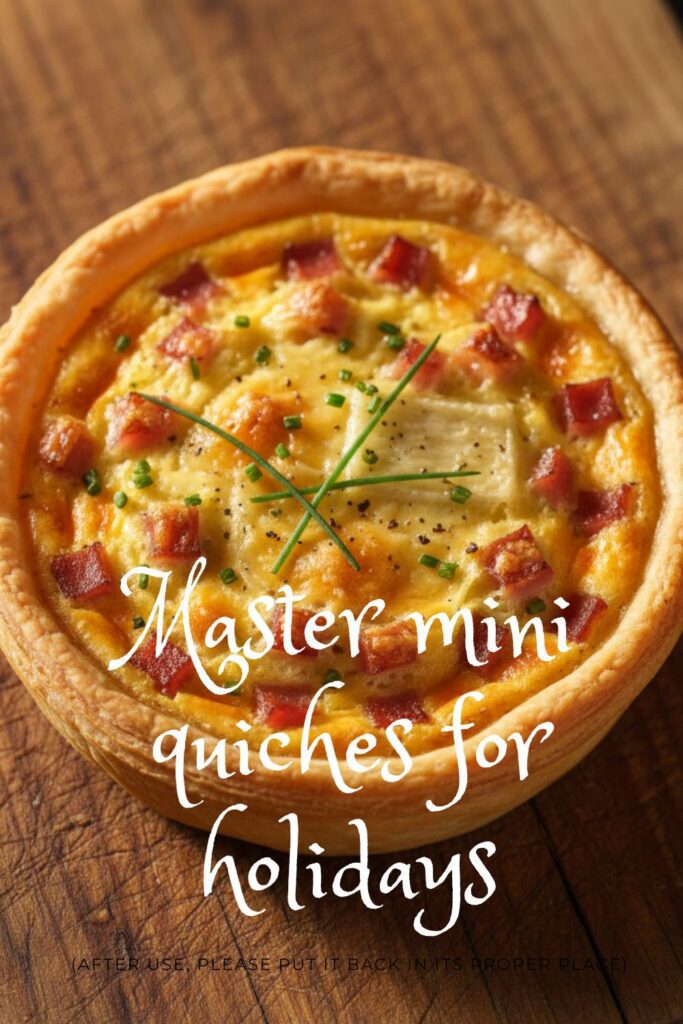 A close-up, top-down shot of a golden-brown mini quiche, with melted cheese and ham visible, sitting on a rustic wooden board.