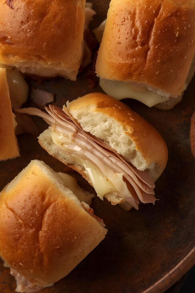 A close-up, top-down shot of a few mini turkey sliders pulled apart, showing the gooey melted cheese and layers of turkey, on a rustic serving platter.