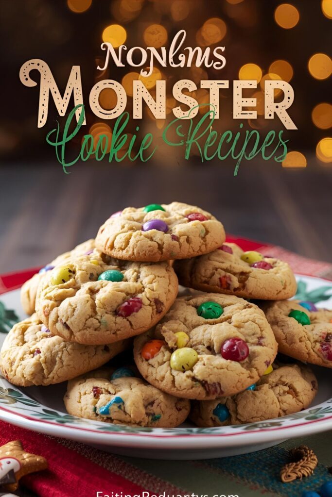 A photo of a pile of monster cookies on a plate with a text overlay that says "Monster Cookie Recipes".)