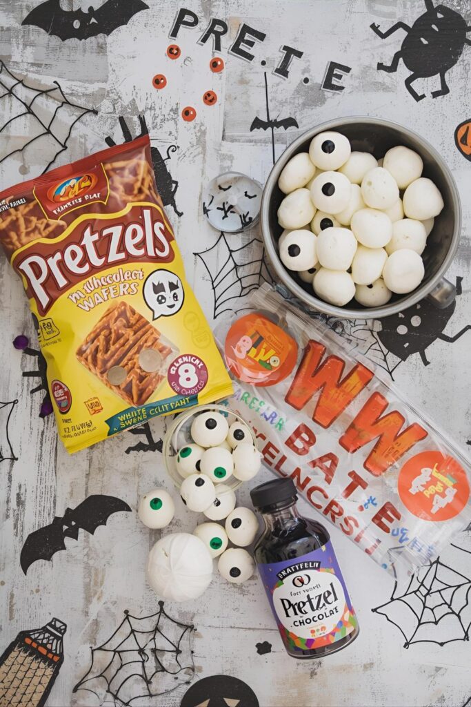 A flat-lay photo collage of the ingredients for a "Monster Eye" pretzel bites recipe.)