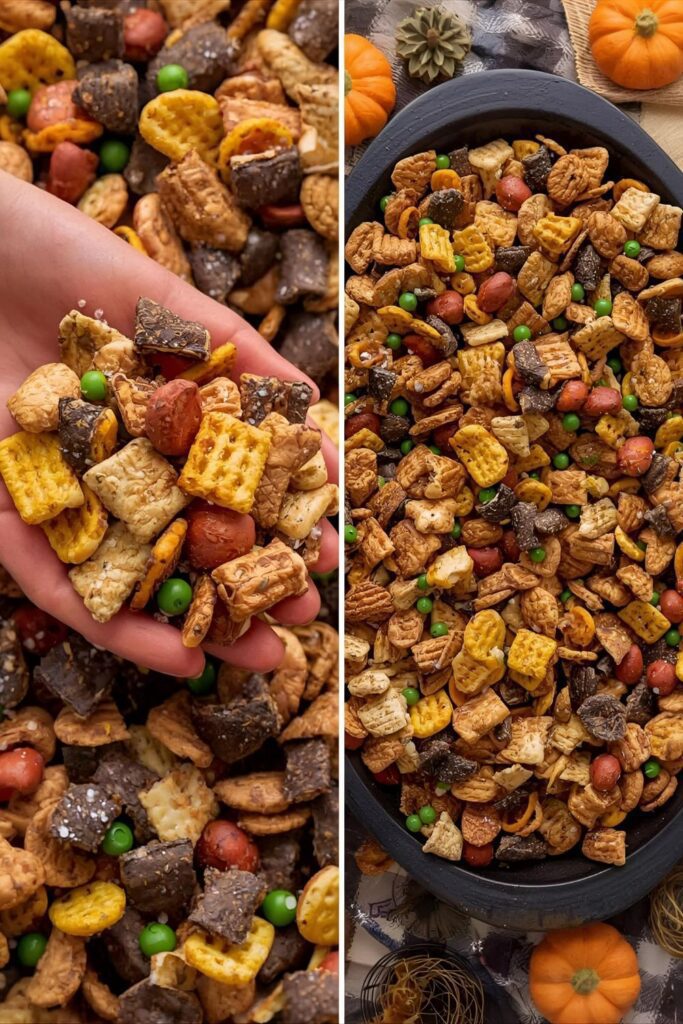 A two-part image showing a close-up of a handful of "Monster Munch" snack mix and a full platter of the finished treats.)