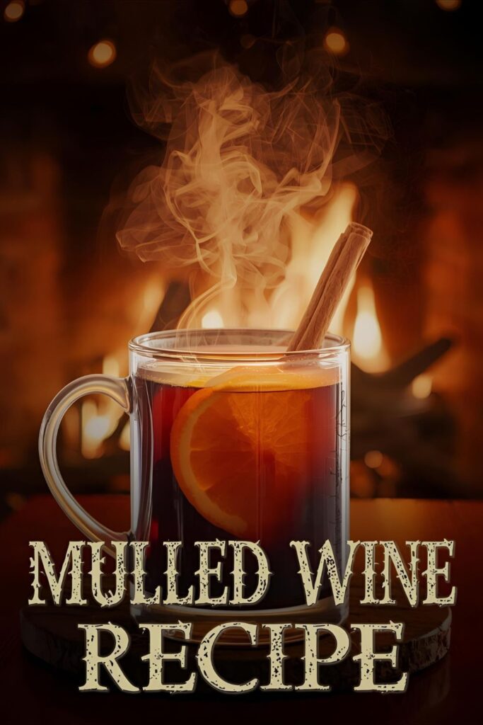 A mug of mulled wine with an orange and cinnamon stick. The text "Mulled Wine Recipe" is overlaid on a cozy winter background.