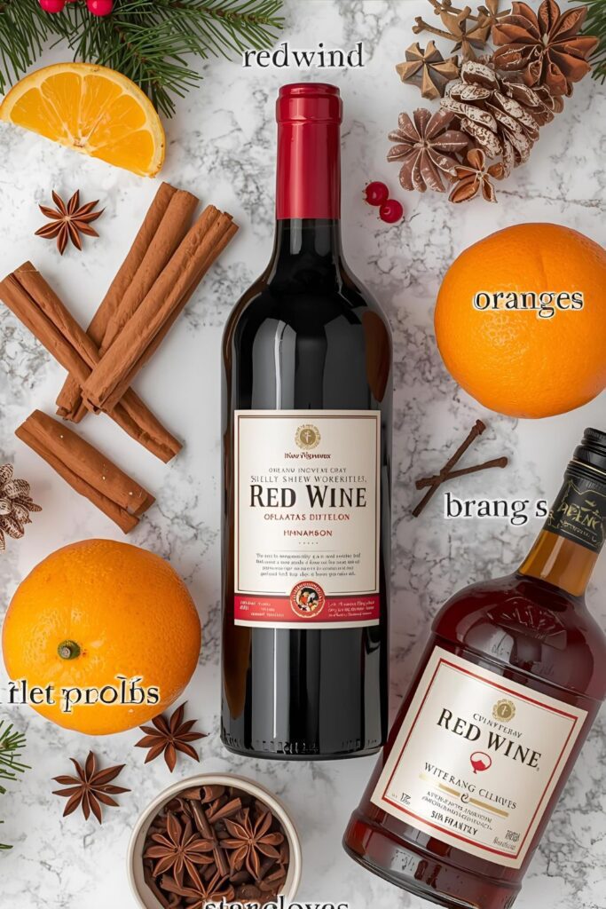 A flat-lay photo collage of the ingredients for a slow cooker mulled wine recipe.)