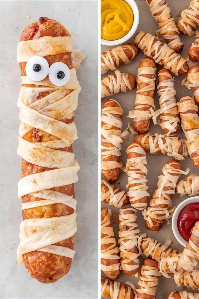  A two-part image showing a close-up of a "Mummy Dog" and a full platter of the finished appetizer.)