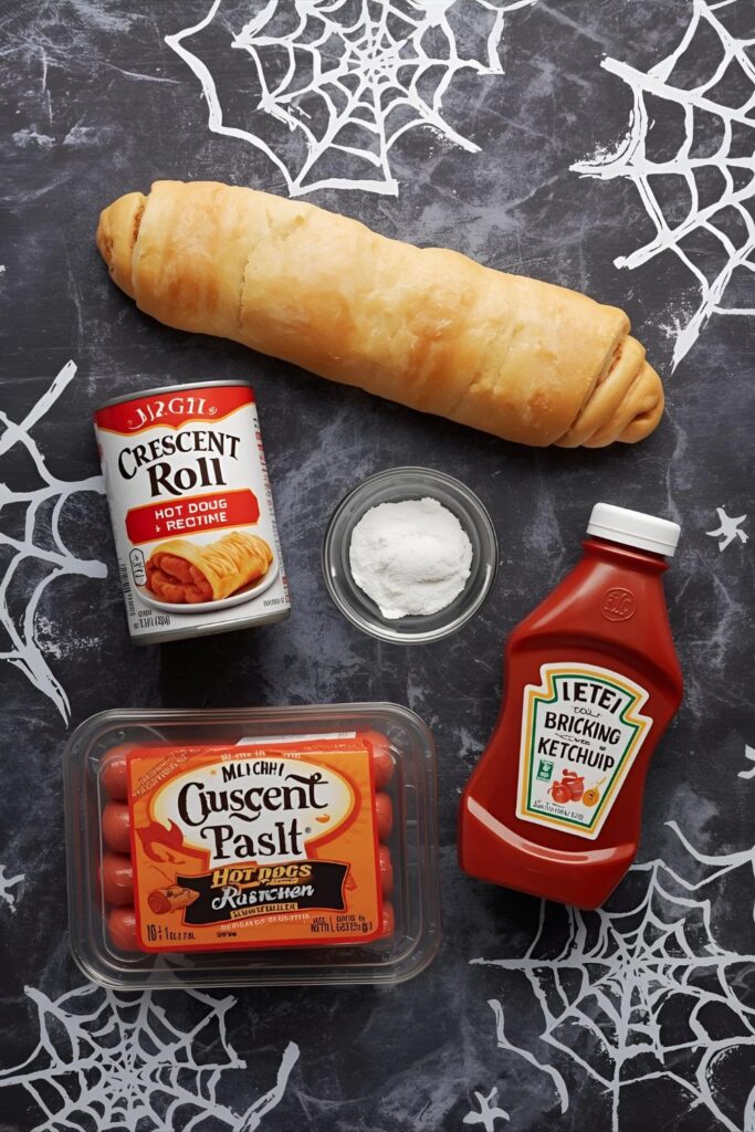 A flat-lay photo collage of the ingredients for a "Mummy Dogs" recipe.)