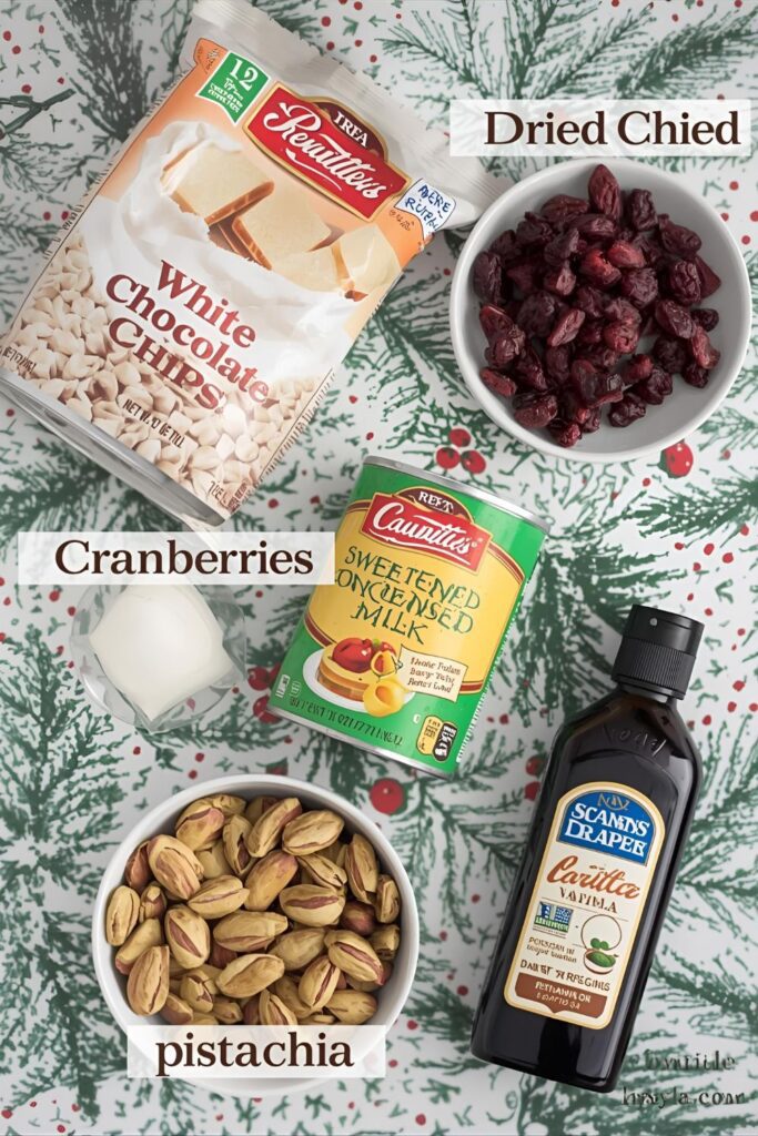 A flat-lay photo collage of the ingredients for a cranberry pistachio fudge recipe.)