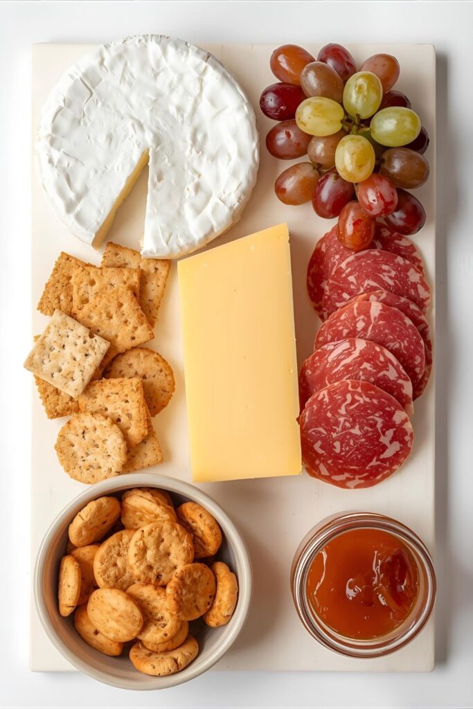  A collage of raw ingredients for a party appetizer board, including various cheeses, meats, fruits, and crackers.