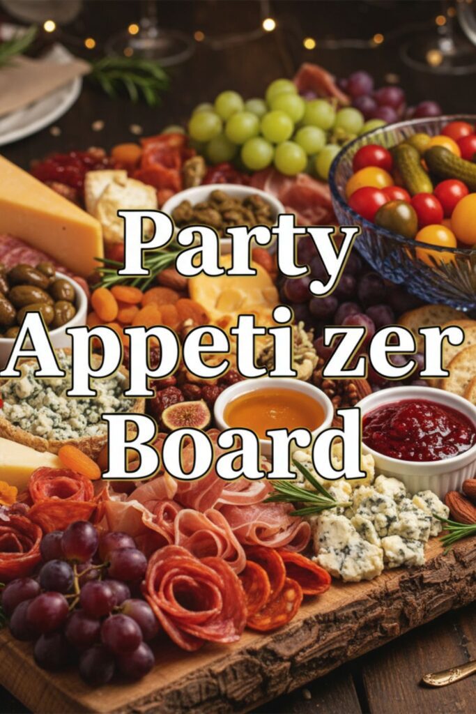 A beautiful text overlay image with the words "Party Appetizer Board" on a background of a lavish charcuterie and cheese board.