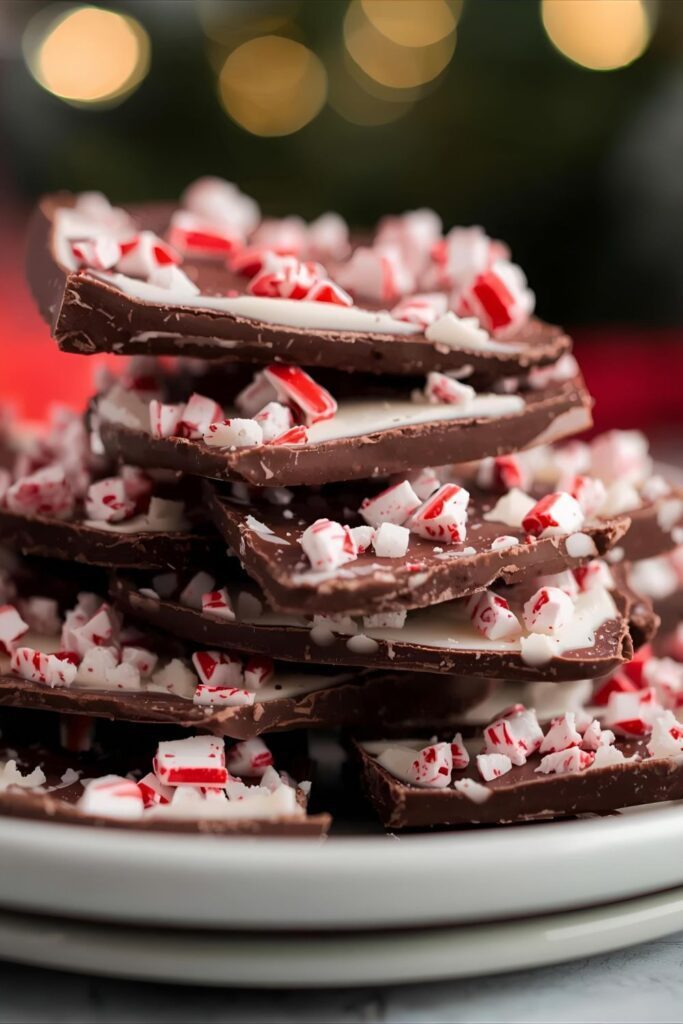 A close-up shot of a stack of chocolate peppermint bark pieces, showing the distinct chocolate layers and peppermint topping.