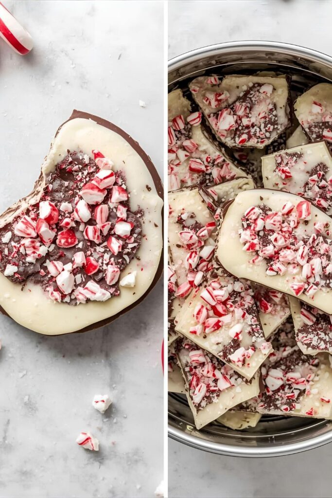 A two-part image showing a close-up of a single piece of peppermint bark and a full tin of the finished dessert.)