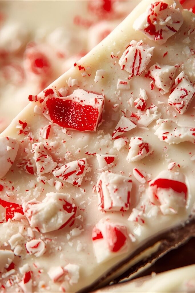 A macro close-up shot of a piece of peppermint bark, focusing on the texture of the crushed candy on the white chocolate layer.