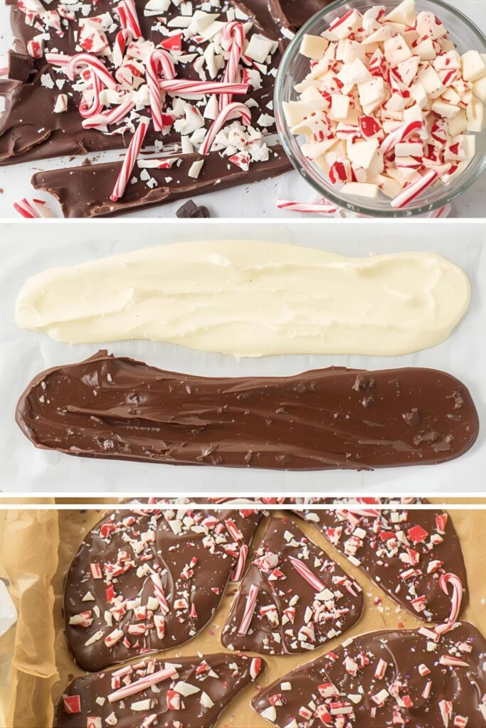 A collage showing the ingredients and steps for making peppermint bark, including the chocolate, candy canes, and the layered bark on a baking sheet.