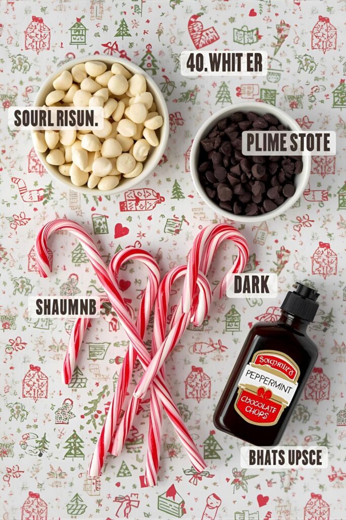 A flat-lay photo collage of the ingredients for a peppermint bark recipe.)