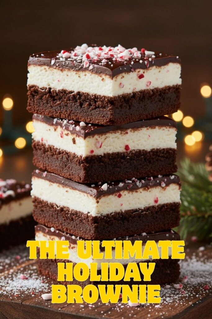 A stack of perfectly layered peppermint brownies, topped with crushed candy canes, on a festive holiday background.