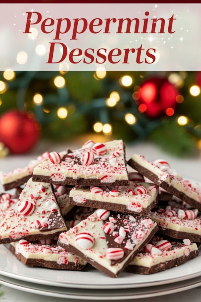 A photo of a pile of peppermint bark pieces on a plate with a text overlay that says "Peppermint Desserts".)
