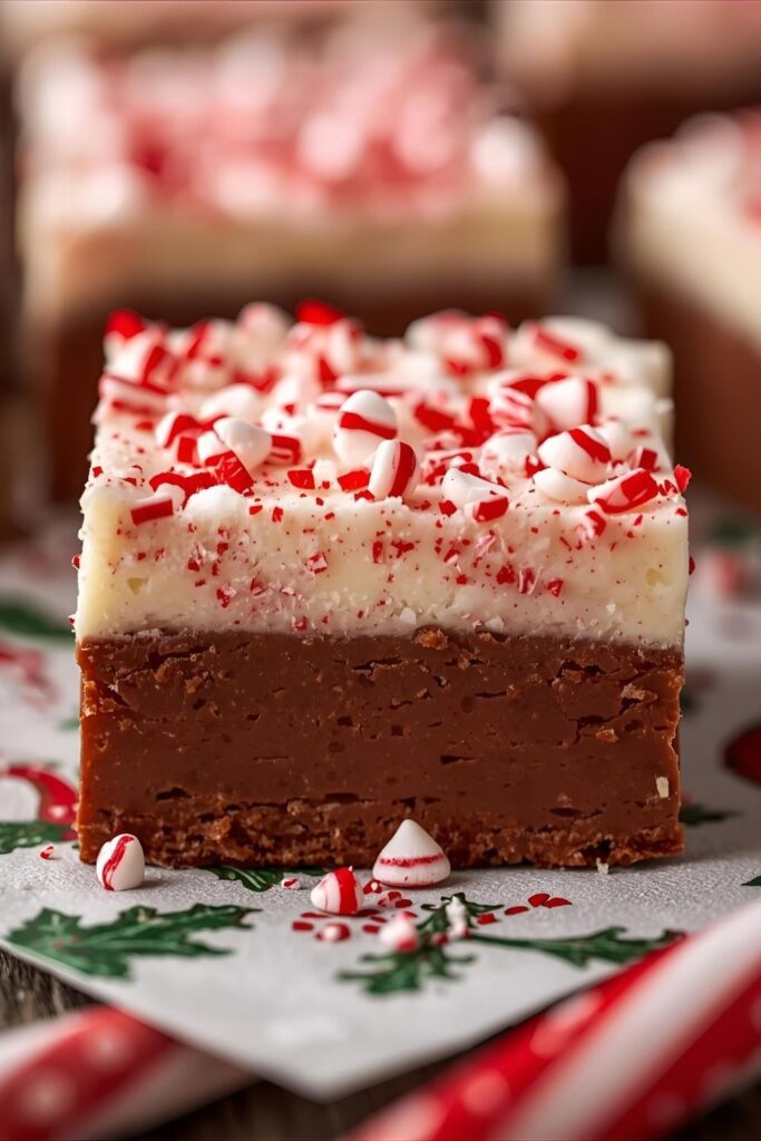 A close-up shot of a square of peppermint fudge, topped with crushed candy canes, on a festive napkin.