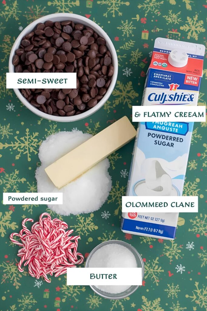 A flat-lay photo collage of the ingredients for a peppermint hot fudge sauce recipe.)