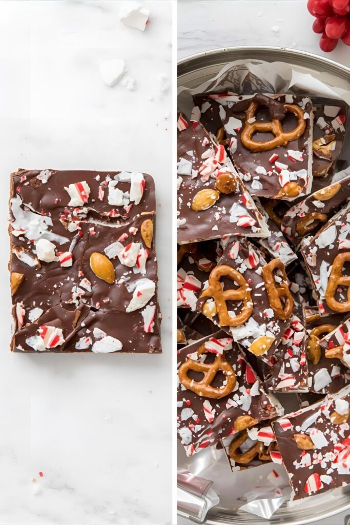 A two-part image showing a close-up of a single piece of peppermint pretzel bark and a full tin of the finished dessert.)