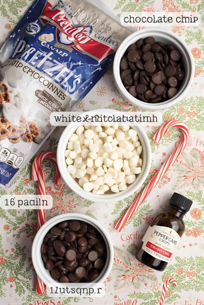 A flat-lay photo collage of the ingredients for a peppermint pretzel bark recipe.)