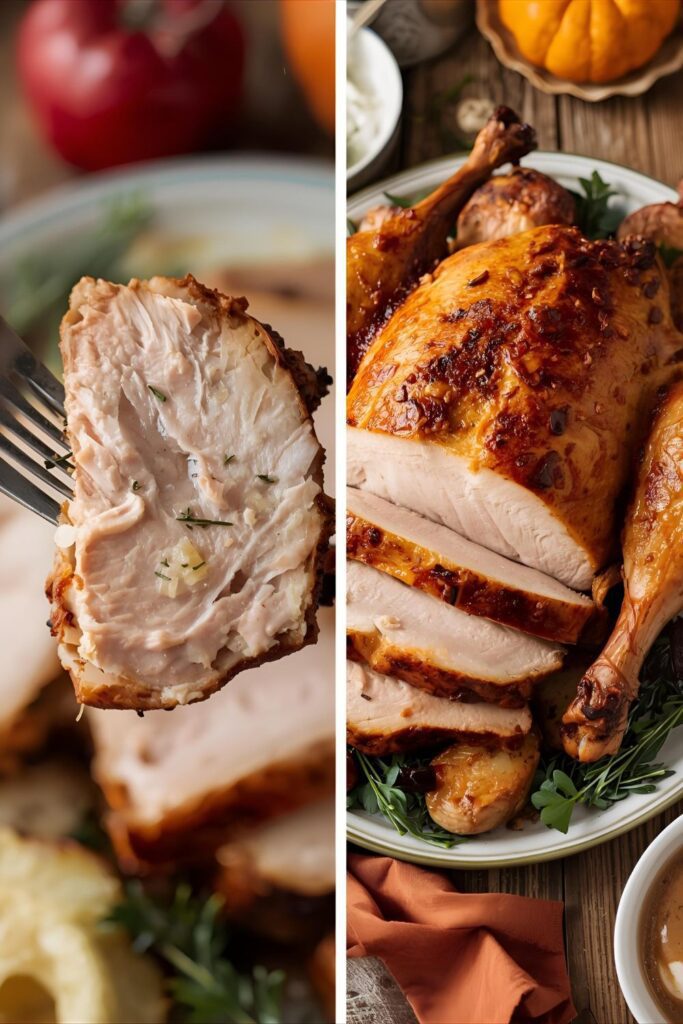 A two-panel image showing a close-up of a juicy slice of carved turkey on a fork next to a wider shot of a fully roasted turkey on a platter surrounded by other Thanksgiving food.