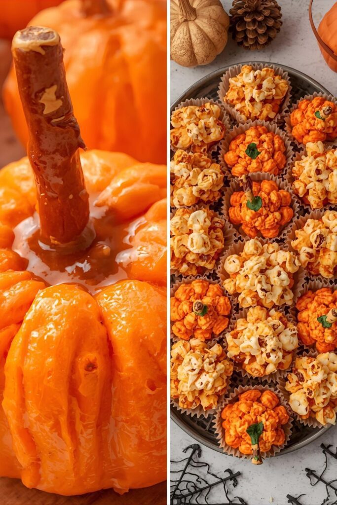 A two-part image showing a close-up of a Halloween popcorn pumpkin and a full platter of the finished treats.)